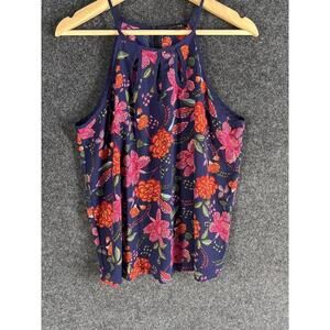Papermoon Blouse Women M Medium Blue Floral Sleeveless Spaghetti Strap Hook&Eye